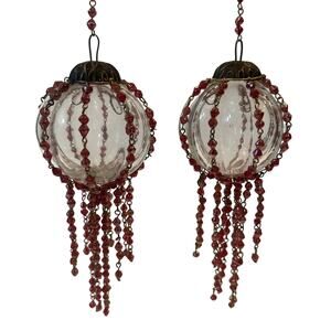 2 Vintage 1970s Kugel Style German Hand Blown Glass Ornament with Red Beads